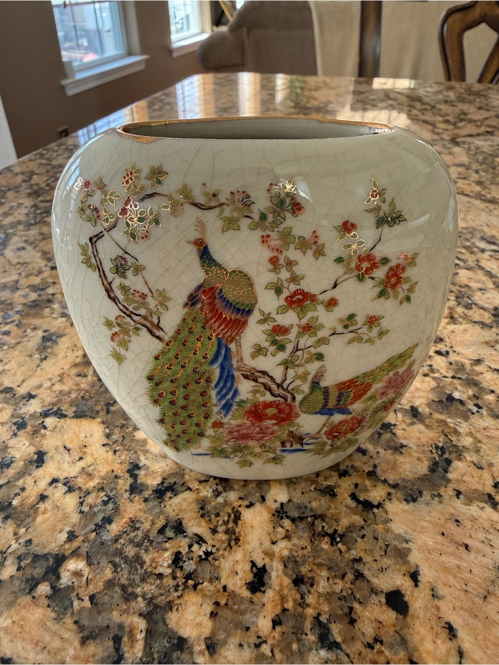 Vintage Porcelain Crackle Glaze Gold Trim Cherry Blossom Peacock Vase
